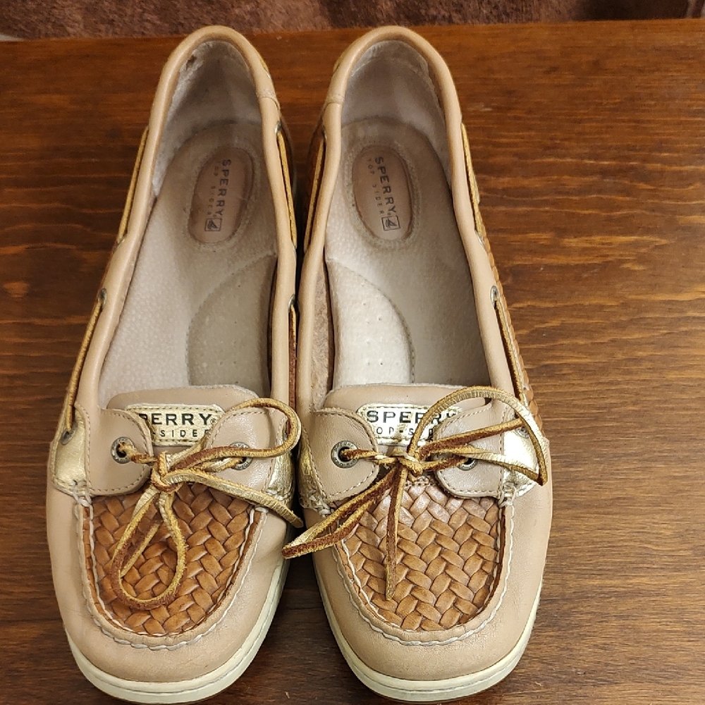 Sperry Angelfish Tan With Gold Accent, Embossed Woven Sides.